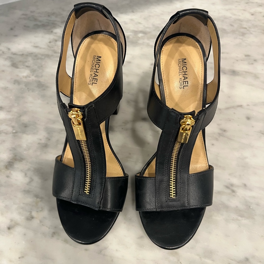Michael Kors Black Heeled Sandals with Gold Zipper Accent - Picture 3 of 5
